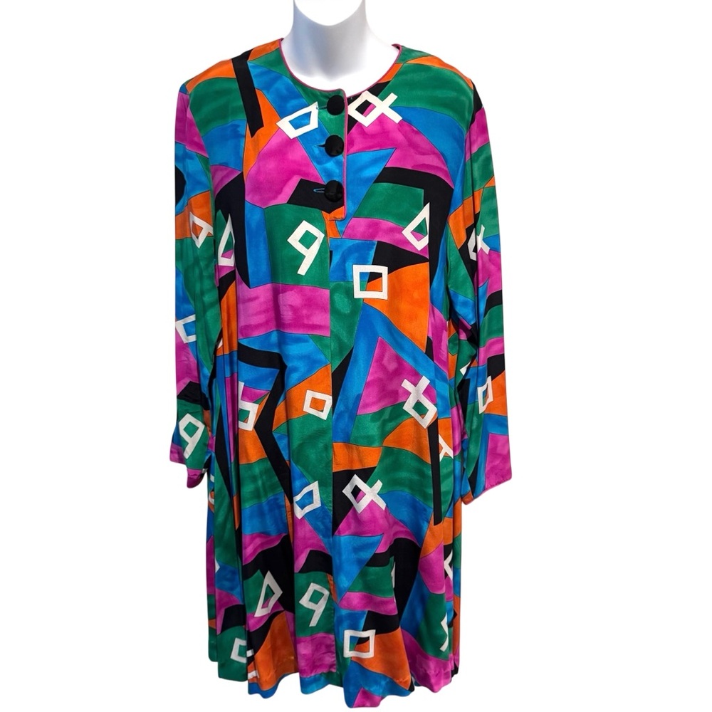 Argenti 100% Pure SILK Dress Geometric Trapeze Colorful Size 12  Long Sleeves